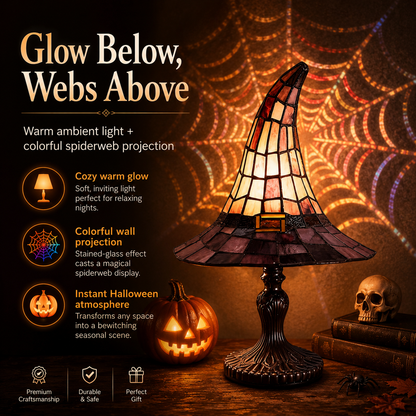 🎃 The Witching Hour Lamp 🕸️ – Vintage Witch Hat Light with Colorful Spiderweb Projection