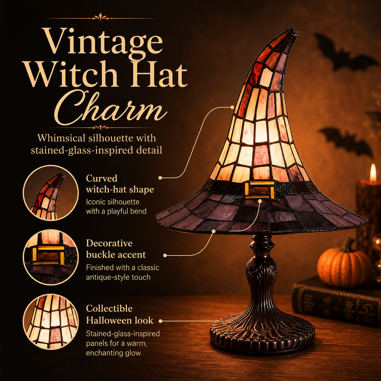 🎃 The Witching Hour Lamp 🕸️ – Vintage Witch Hat Light with Colorful Spiderweb Projection