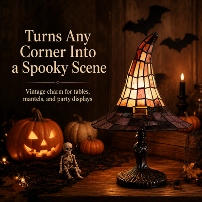 🎃 The Witching Hour Lamp 🕸️ – Vintage Witch Hat Light with Colorful Spiderweb Projection