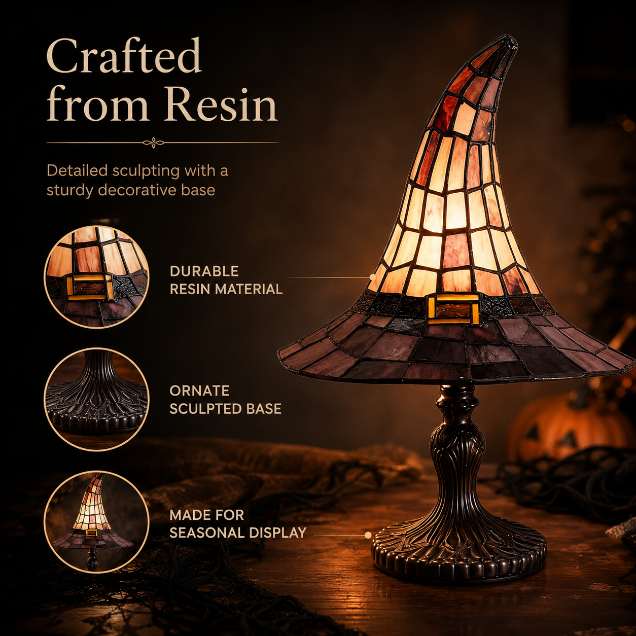 Detail view of the resin witch hat moon lamp and ornate base