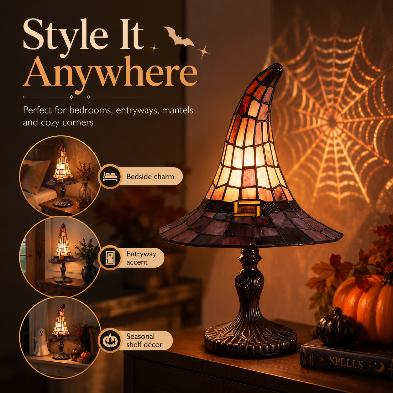 🎃 The Witching Hour Lamp 🕸️ – Vintage Witch Hat Light with Colorful Spiderweb Projection