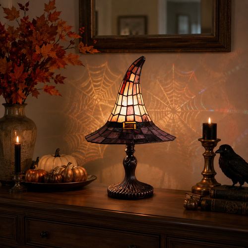 🎃 The Witching Hour Lamp 🕸️ – Vintage Witch Hat Light with Colorful Spiderweb Projection