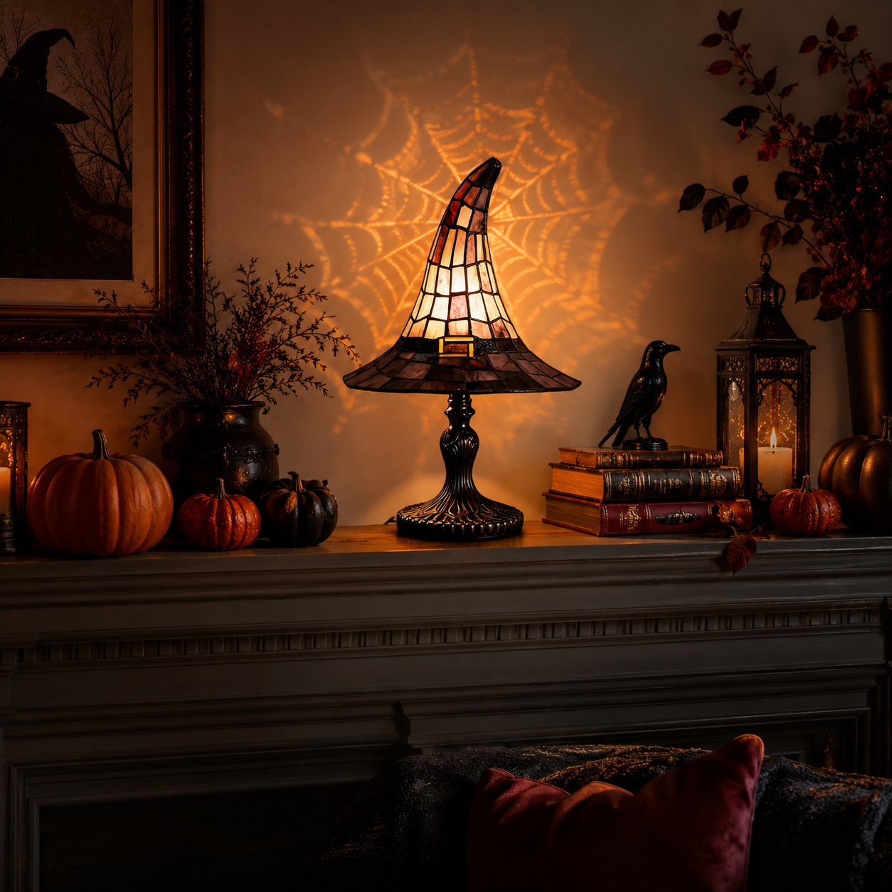 🎃 The Witching Hour Lamp 🕸️ – Vintage Witch Hat Light with Colorful Spiderweb Projection