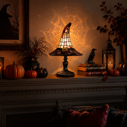 🎃 The Witching Hour Lamp 🕸️ – Vintage Witch Hat Light with Colorful Spiderweb Projection