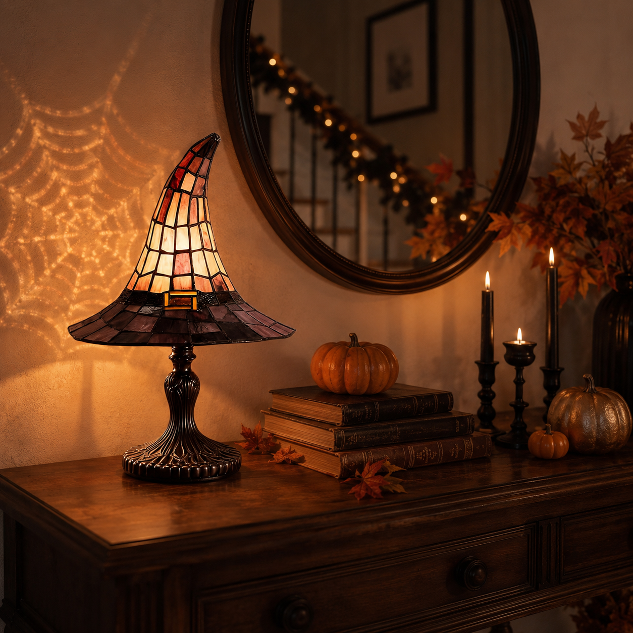 Colorful spiderweb projection above a glowing Halloween moon lamp