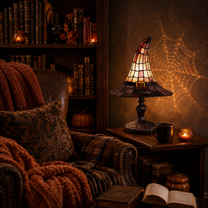 🎃 The Witching Hour Lamp 🕸️ – Vintage Witch Hat Light with Colorful Spiderweb Projection