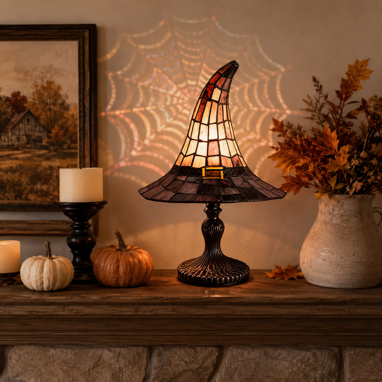 🎃 The Witching Hour Lamp 🕸️ – Vintage Witch Hat Light with Colorful Spiderweb Projection