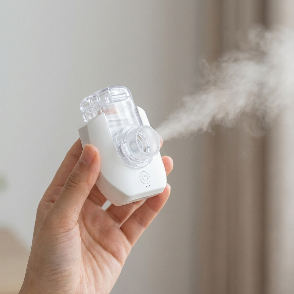 LOVILDS portable nebulizer being used with a mask