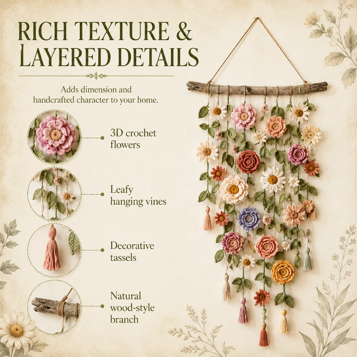 Layered crochet flower and tassel detail graphic