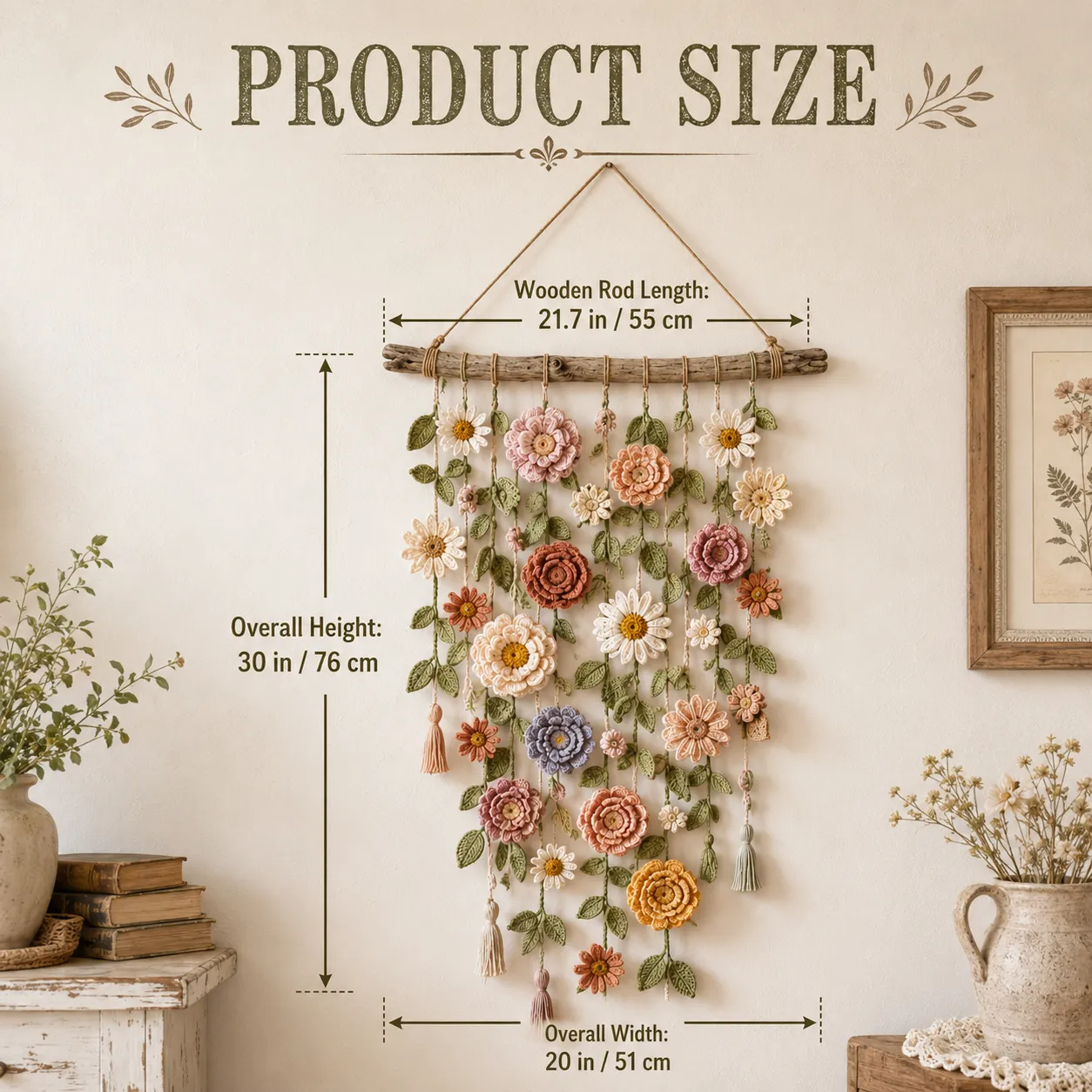 Product size diagram for boho crochet flower wall hanging