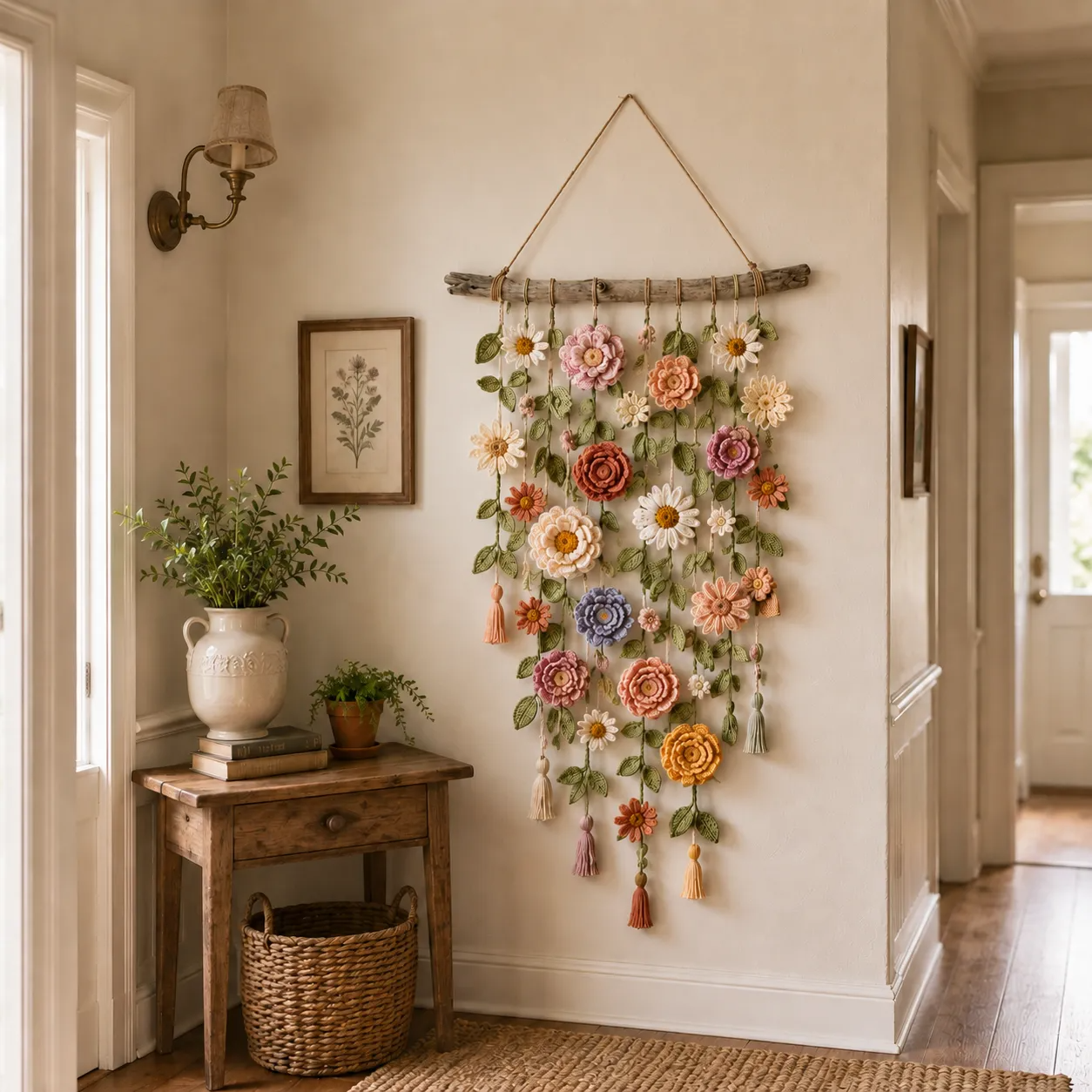 Crochet flower wall hanging styled in a warm hallway