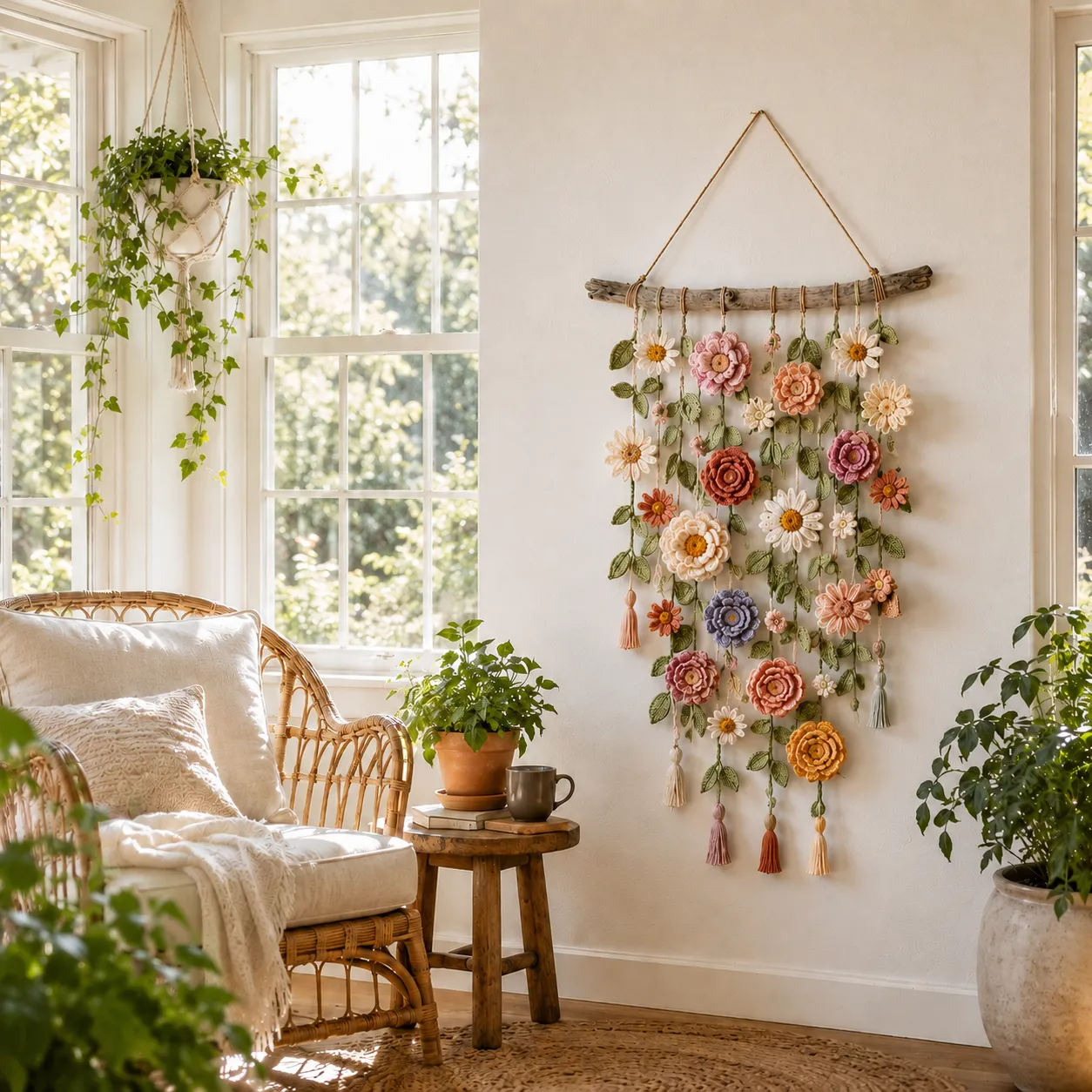 Boho crochet wall hanging in a bright sitting corner